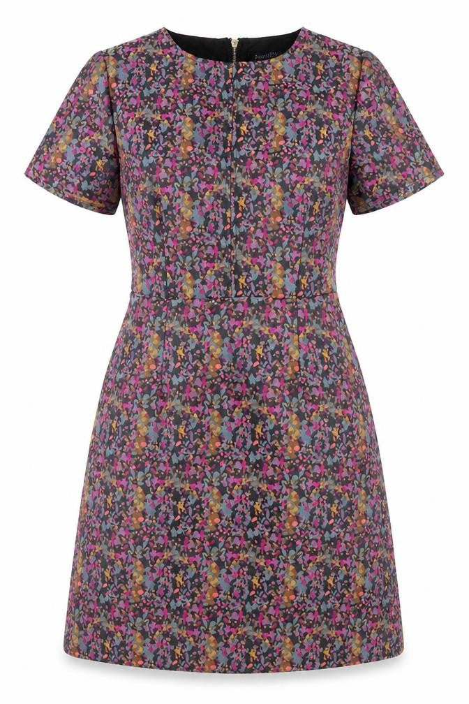 Front view of Sugarhill women’s multicoloured geometric polyester shift, size UK 8, round neck zip