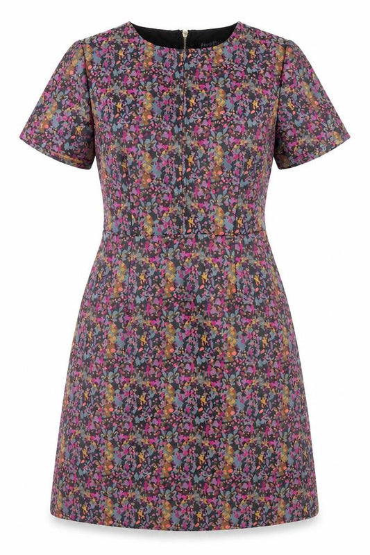 Front view of Sugarhill women’s multicoloured geometric polyester shift, size UK 8, round neck zip