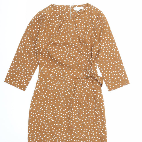 Blue Vanilla Womens Brown Polka Dot Polyester Pencil Dress Size 10 Boat Neck Zip - Spotted