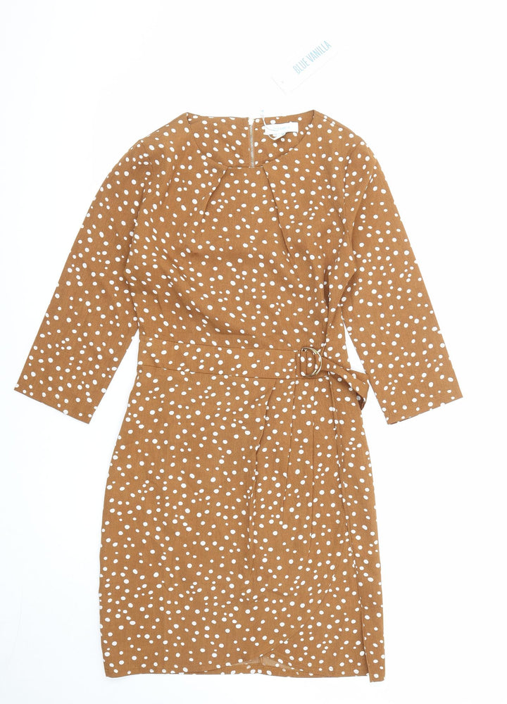 Blue Vanilla Womens Brown Polka Dot Polyester Pencil Dress Size 10 Boat Neck Zip - Spotted