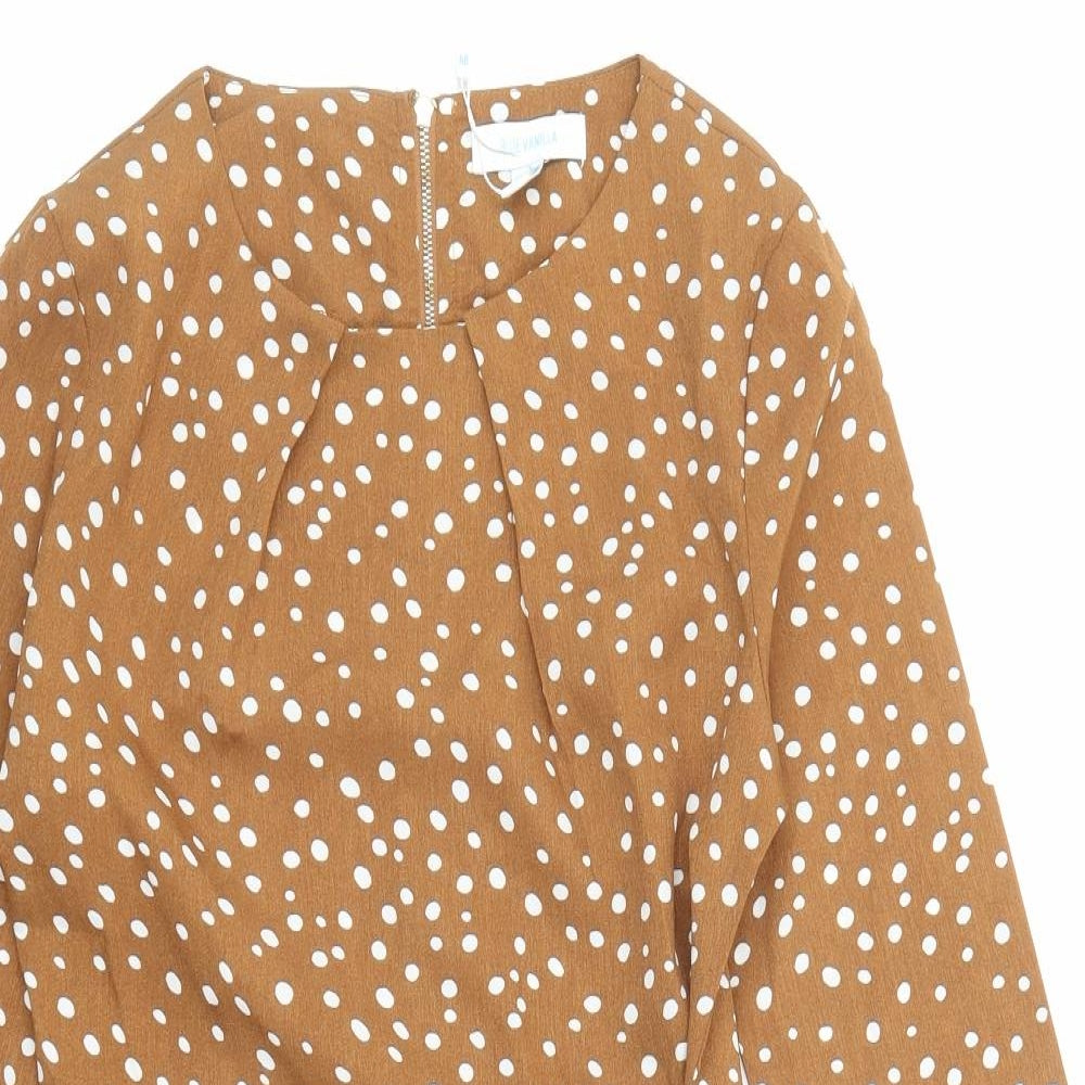 Blue Vanilla Womens Brown Polka Dot Polyester Pencil Dress Size 10 Boat Neck Zip - Spotted