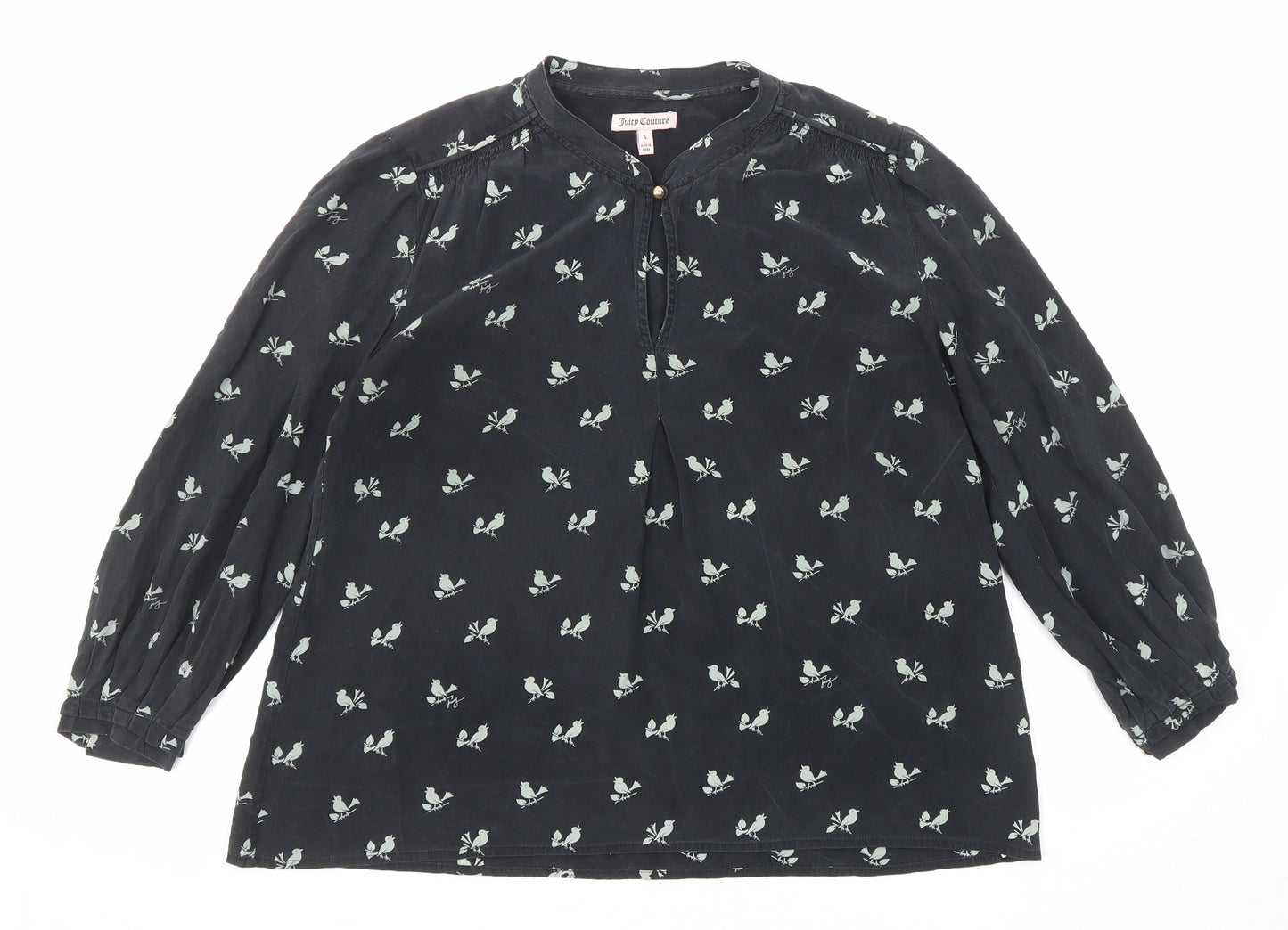 Juicy Couture Womens Black Geometric Silk Basic Blouse Size S Mock Neck - Bird Print