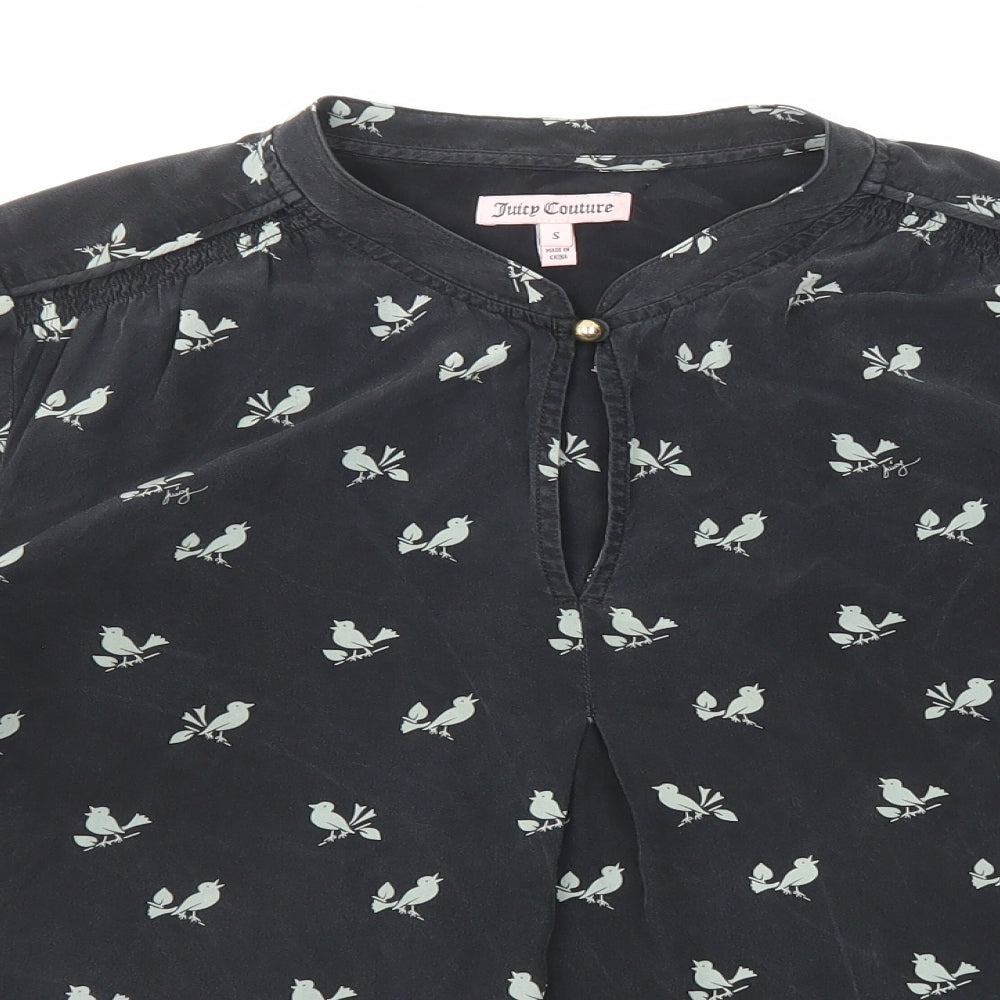 Juicy Couture Womens Black Geometric Silk Basic Blouse Size S Mock Neck - Bird Print