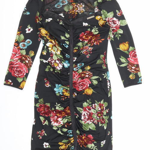Favori Womens Black Floral Polyester Bodycon Size 8 Boat Neck Zip - Mesh Panel