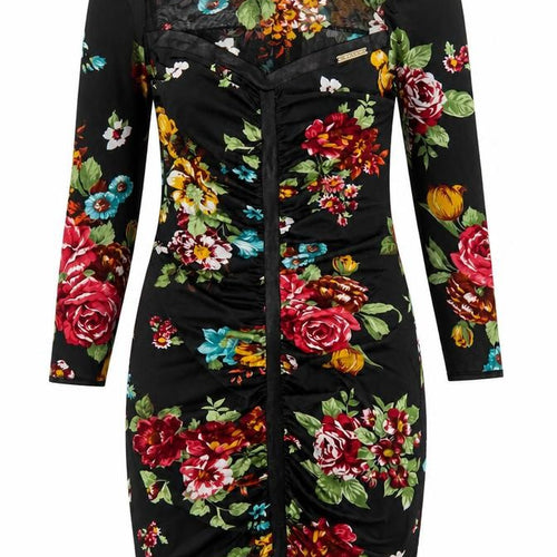 Favori Womens Black Floral Polyester Bodycon Size 8 Boat Neck Zip - Mesh Panel