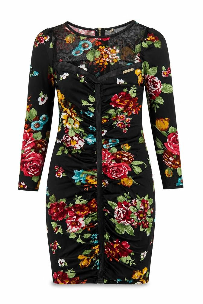 Favori Womens Black Floral Polyester Bodycon Size 8 Boat Neck Zip - Mesh Panel