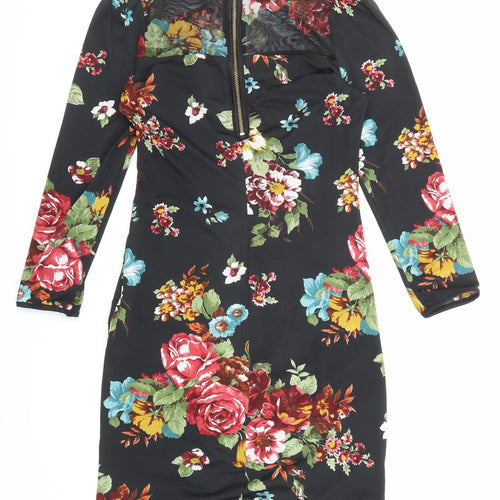Favori Womens Black Floral Polyester Bodycon Size 8 Boat Neck Zip - Mesh Panel