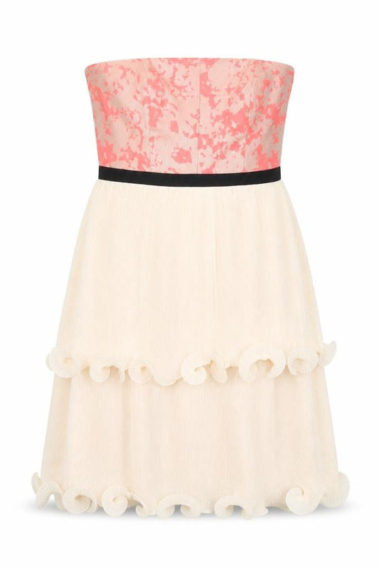 Front view of Coast women’s pink colourblock polyester a-line, size UK 6, off the shoulder zip