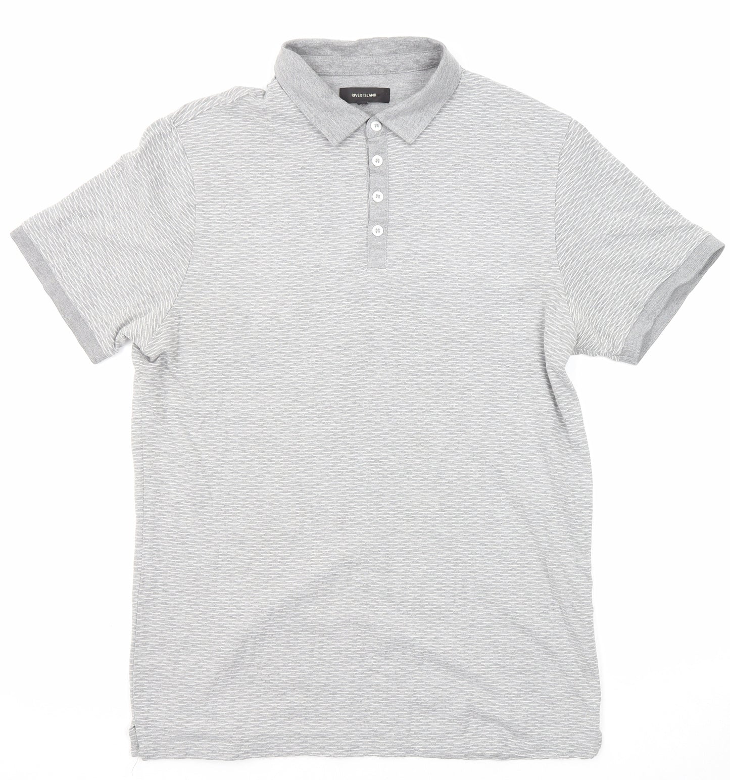 River Island Mens Grey Geometric Cotton Polo Size M Collared Button