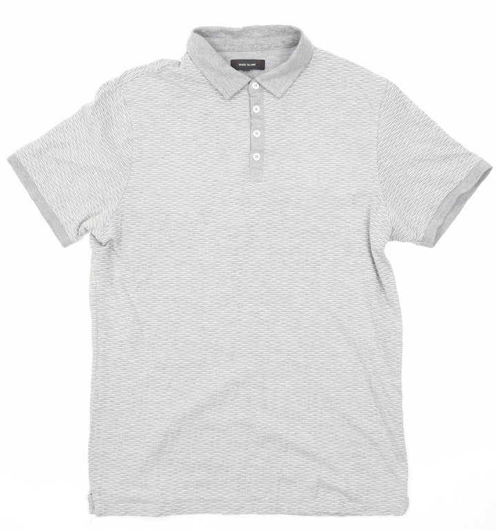 River Island Mens Grey Geometric Cotton Polo Size M Collared Button