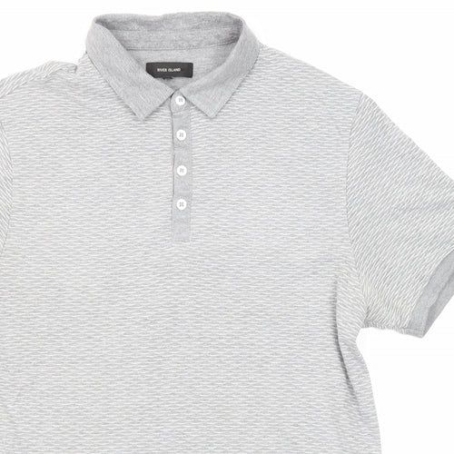 River Island Mens Grey Geometric Cotton Polo Size M Collared Button