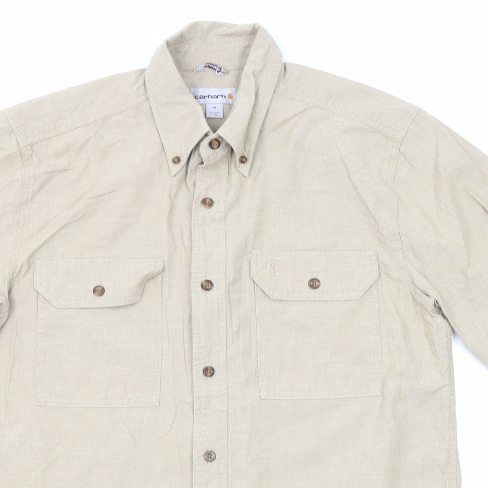 Carhartt Mens Beige Cotton Button-Up Size M Crew Neck Button