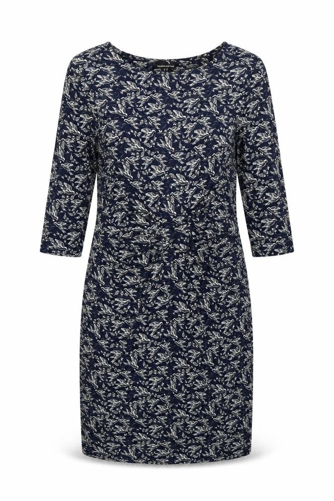 Front view of Warehouse women’s blue geometric viscose shift, size UK 14, round neck pullover
