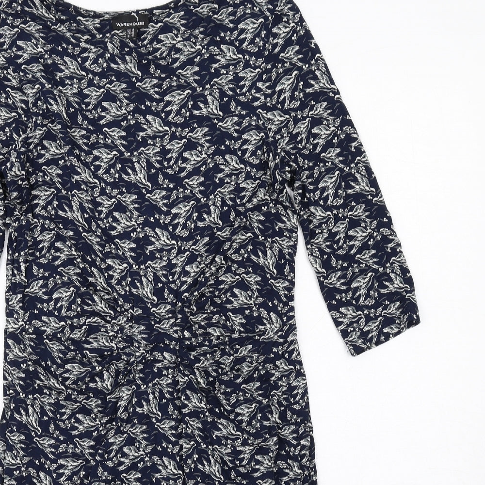 Warehouse Womens Blue Geometric Viscose Shift Size 14 Round Neck Pullover