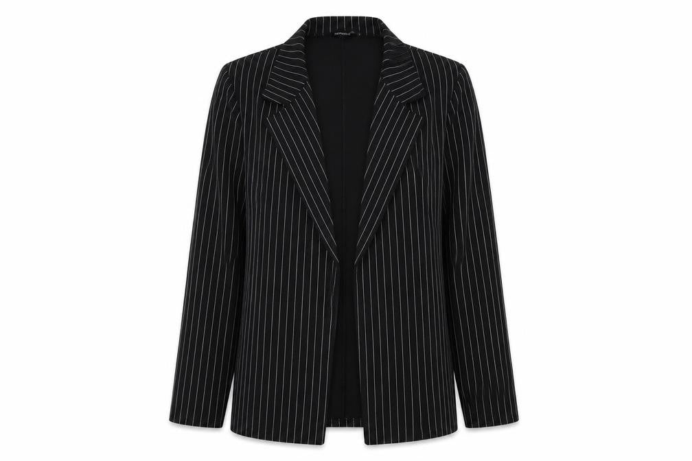 Front view of PRETTYLITTLETHING women’s black striped jacket blazer, size S