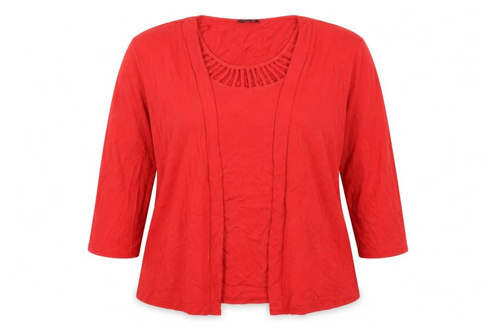 Front view of Jenny Lloyd women’s red viscose basic blouse, size UK 20, round neck - cardigan effect