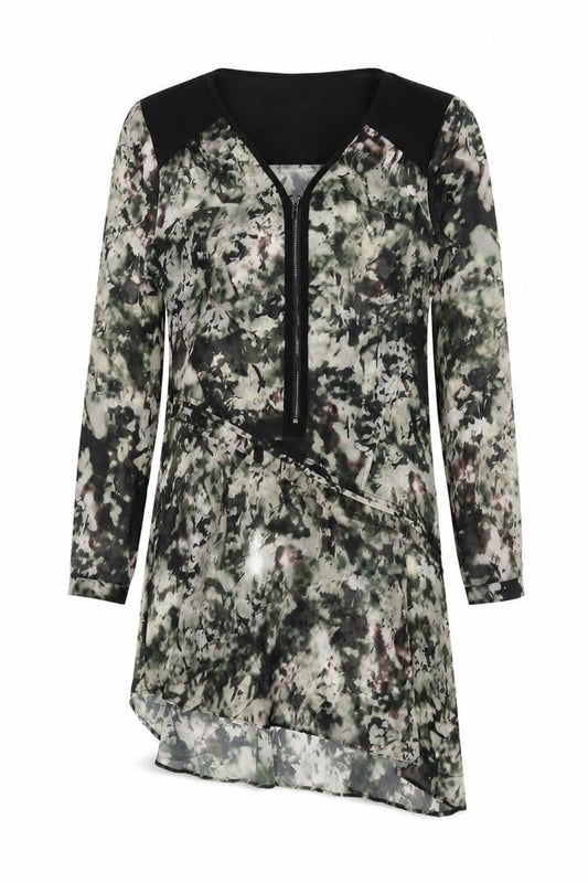 Front view of Mint Velvet women’s green geometric polyester shirt dress, size UK 8, v-neck zip