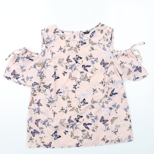 M&Co Womens Pink Geometric Polyester Basic Blouse Size 12 Round Neck - Butterfly Pattern Cold Shoulder