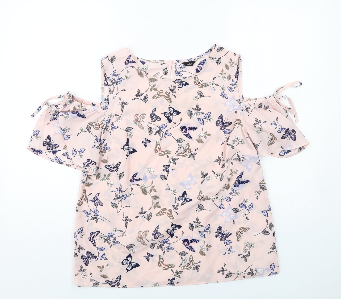 M&Co Womens Pink Geometric Polyester Basic Blouse Size 12 Round Neck - Butterfly Pattern Cold Shoulder