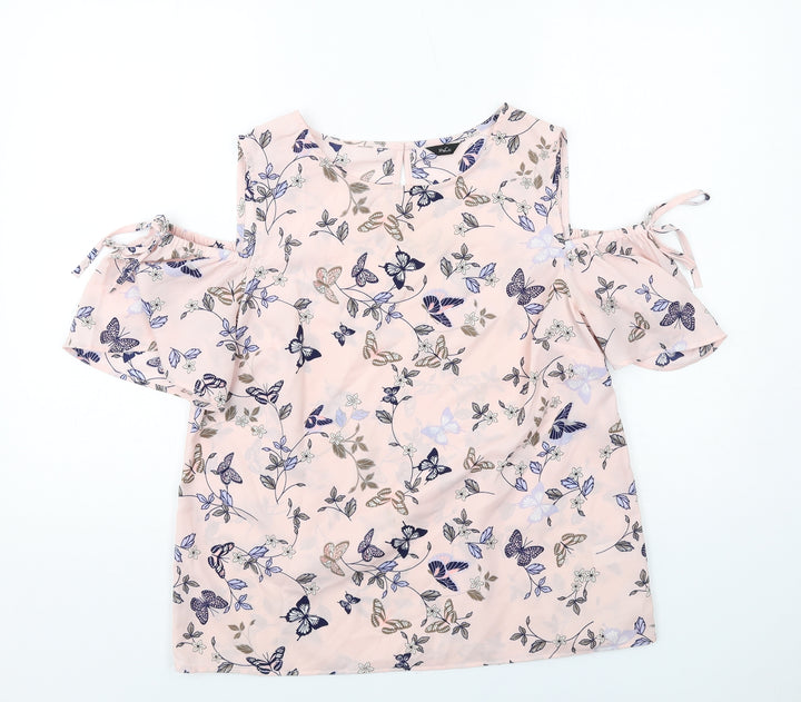 M&Co Womens Pink Geometric Polyester Basic Blouse Size 12 Round Neck - Butterfly Pattern Cold Shoulder