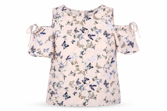 Front view of M&Co women’s pink geometric polyester basic blouse, size UK 12, round neck - butterfly pattern cold shoulder