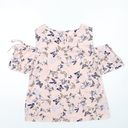 M&Co Womens Pink Geometric Polyester Basic Blouse Size 12 Round Neck - Butterfly Pattern Cold Shoulder