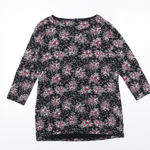 Marks and Spencer Womens Black Floral Cotton Basic T-Shirt Size 14 Round Neck