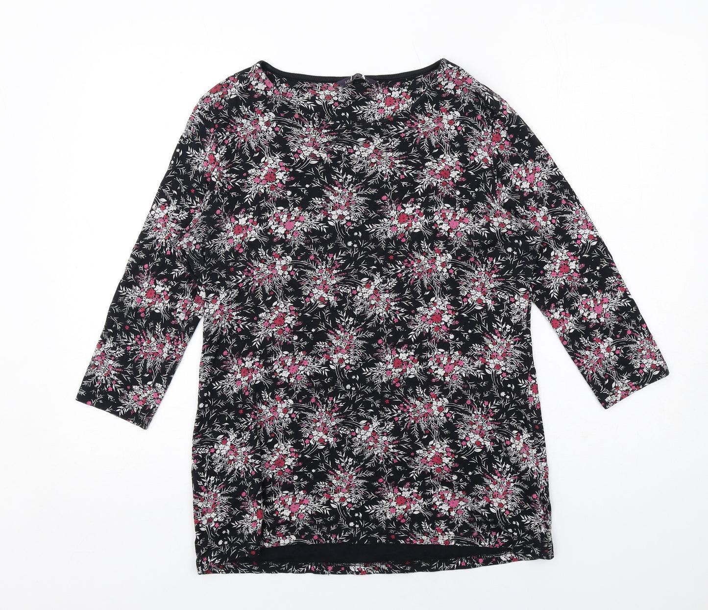 Marks and Spencer Womens Black Floral Cotton Basic T-Shirt Size 14 Round Neck