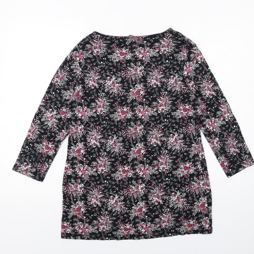 Marks and Spencer Womens Black Floral Cotton Basic T-Shirt Size 14 Round Neck