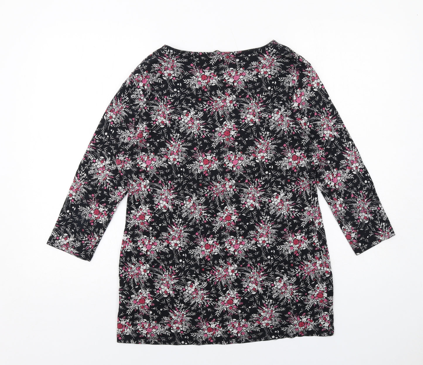 Marks and Spencer Womens Black Floral Cotton Basic T-Shirt Size 14 Round Neck