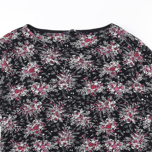Marks and Spencer Womens Black Floral Cotton Basic T-Shirt Size 14 Round Neck