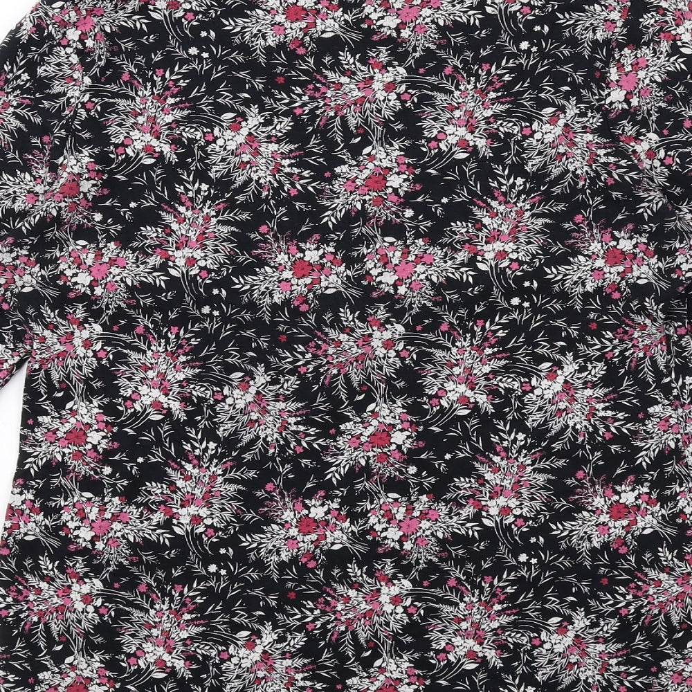 Marks and Spencer Womens Black Floral Cotton Basic T-Shirt Size 14 Round Neck