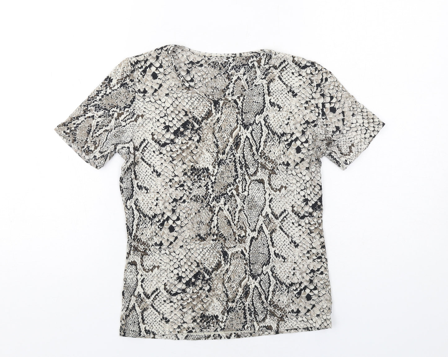 Marks and Spencer Womens Beige Animal Print Viscose Basic T-Shirt Size 8 Round Neck - Snakeskin Pattern