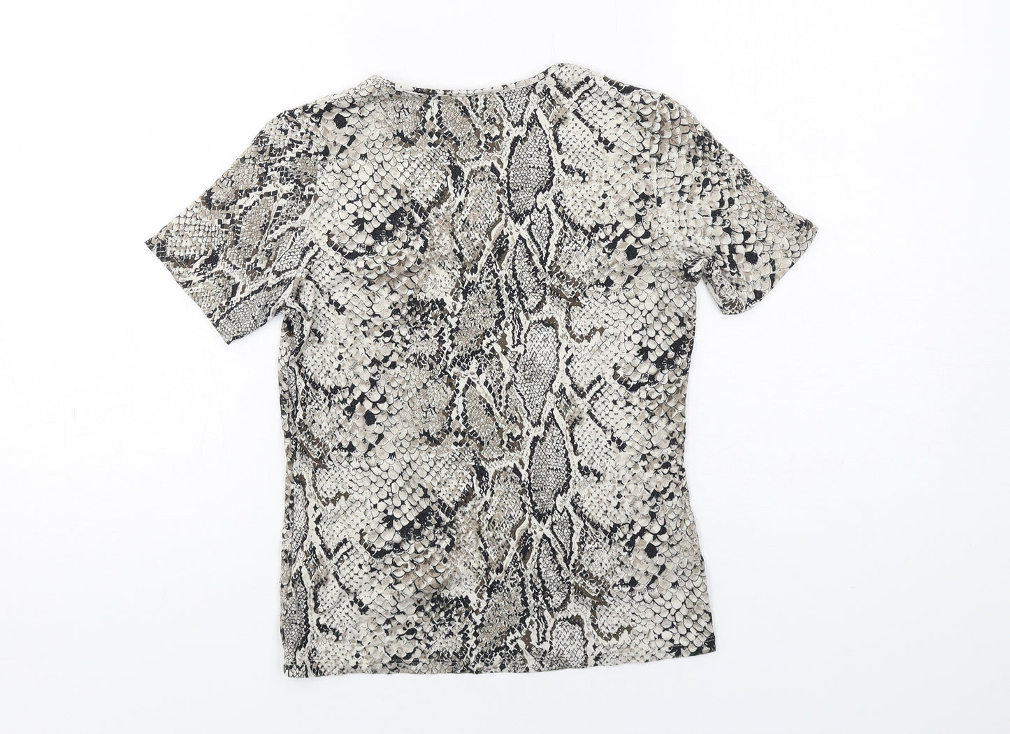 Marks and Spencer Womens Beige Animal Print Viscose Basic T-Shirt Size 8 Round Neck - Snakeskin Pattern