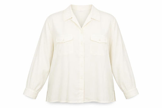 Front view of Marks & Spencer women’s ivory polyester basic button-up, size UK 18, collared