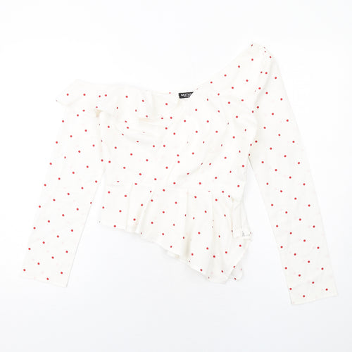 Nasty Gal Womens White Polka Dot Polyester Basic Blouse Size 8 Off the Shoulder - Asymmetric Neckline