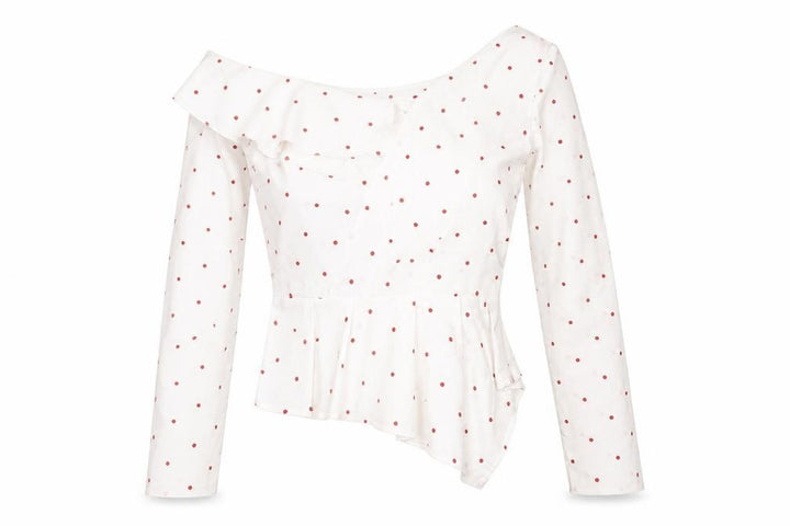 Nasty Gal Womens White Polka Dot Polyester Basic Blouse Size 8 Off the Shoulder - Asymmetric Neckline