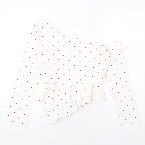 Nasty Gal Womens White Polka Dot Polyester Basic Blouse Size 8 Off the Shoulder - Asymmetric Neckline