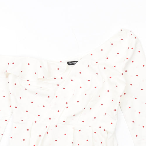 Nasty Gal Womens White Polka Dot Polyester Basic Blouse Size 8 Off the Shoulder - Asymmetric Neckline