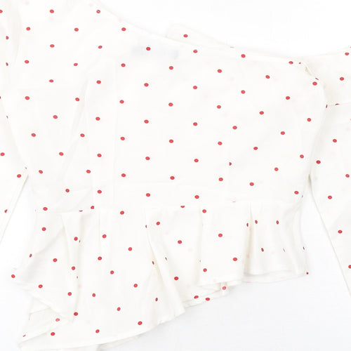 Nasty Gal Womens White Polka Dot Polyester Basic Blouse Size 8 Off the Shoulder - Asymmetric Neckline