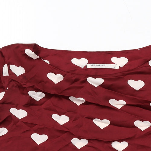 Vera & Lucy Womens Red Geometric Polyester Basic Blouse Size S Round Neck - Heart Pattern