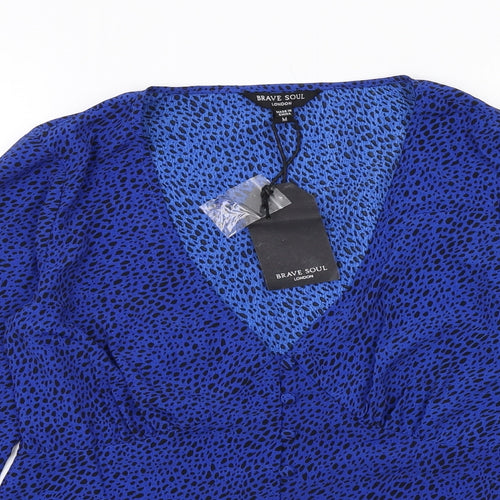 Brave Soul Womens Blue Geometric Polyester Basic Blouse Size M V-Neck