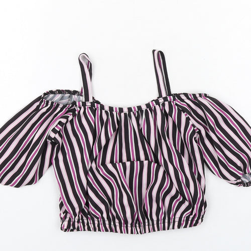 M&Co Girls Black Striped Polyester Cropped Blouse Size 9 Years Round Neck Pullover - Cold Shoulder