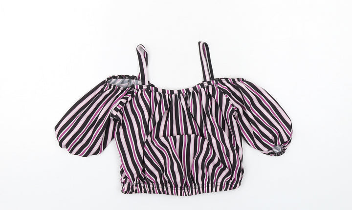 M&Co Girls Black Striped Polyester Cropped Blouse Size 9 Years Round Neck Pullover - Cold Shoulder