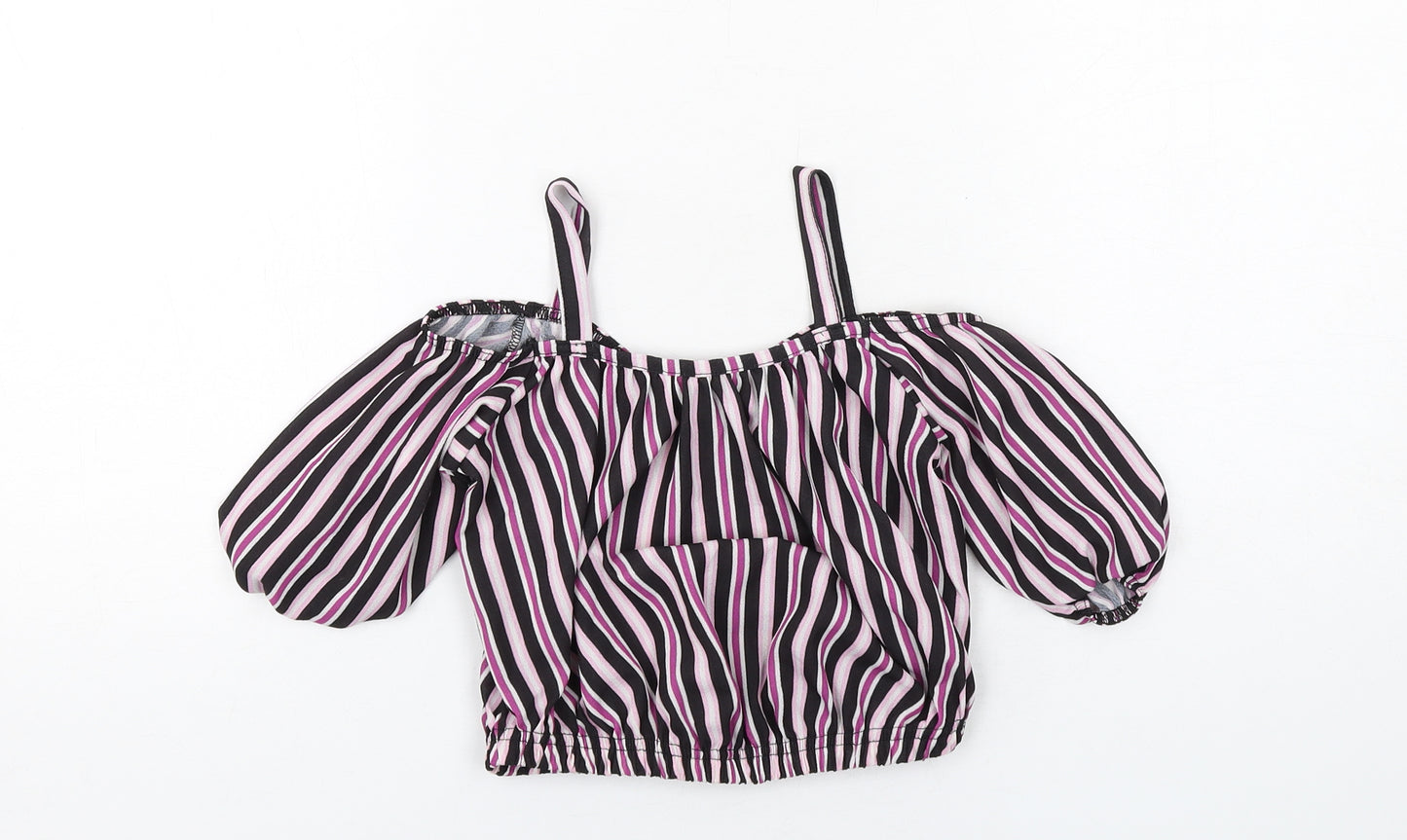 M&Co Girls Black Striped Polyester Cropped Blouse Size 9 Years Round Neck Pullover - Cold Shoulder