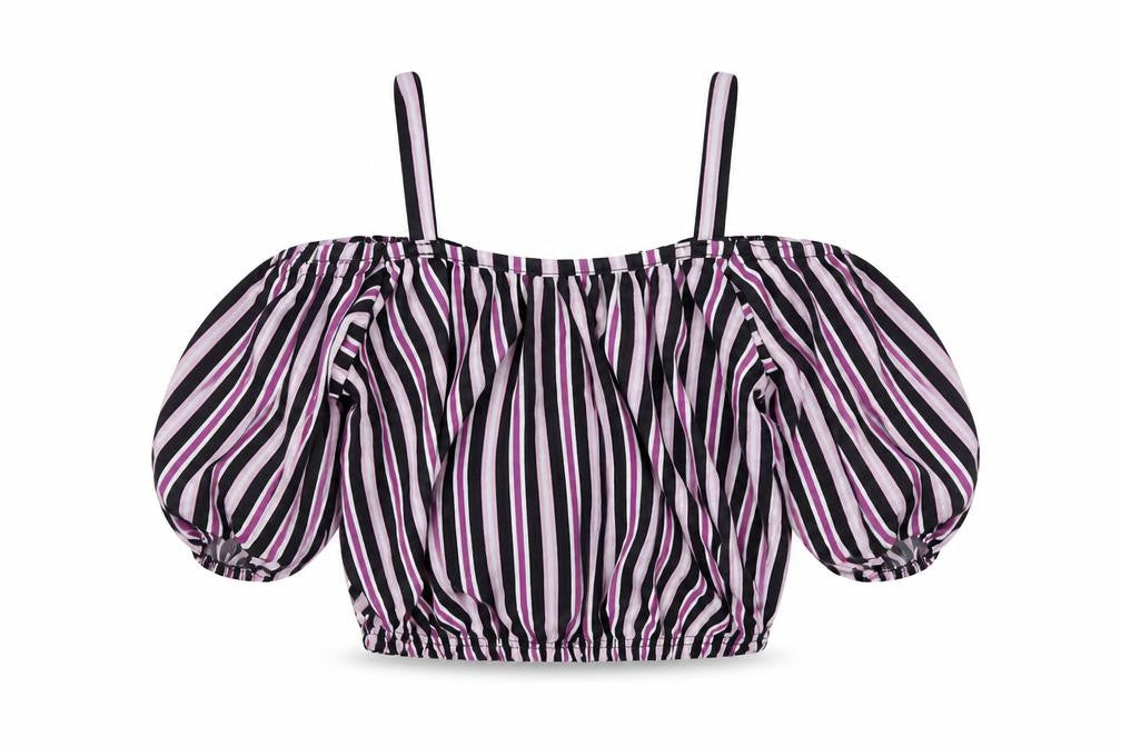Front view of M&Co girls’ black striped polyester cropped blouse, size 9, years round neck pullover - cold shoulder