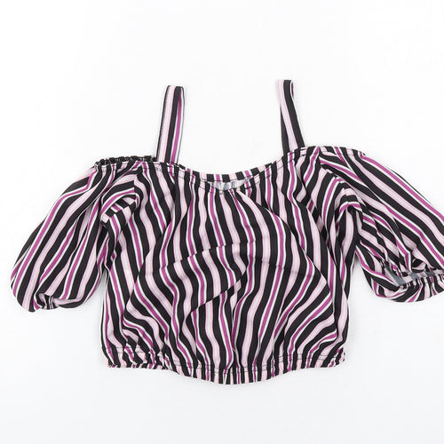 M&Co Girls Black Striped Polyester Cropped Blouse Size 9 Years Round Neck Pullover - Cold Shoulder