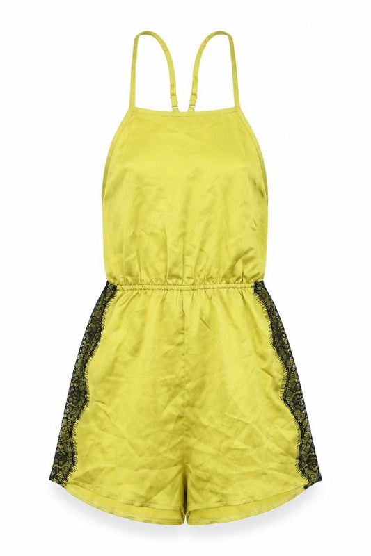 Front view of PRETTYLITTLETHING women’s green polyester playsuit one-piece, size UK 6, pullover - lace details, open back