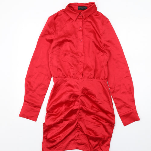 PRETTYLITTLETHING Womens Red Polyester Shirt Dress Size 8 Collared Button