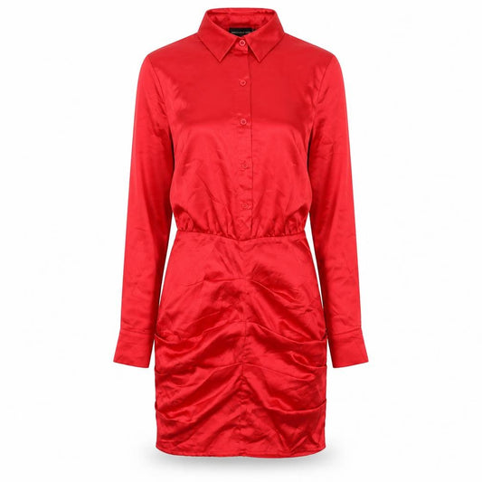 Front view of PRETTYLITTLETHING women’s red polyester shirt dress, size UK 8, collared button